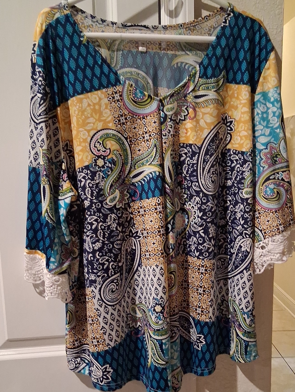 Paisley Patchwork V-Neck Tunic Top — Teal, Navy & Yellow